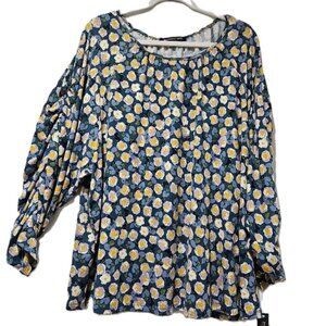 New TEAL DITZY WHITE YELLOW FLORAL SCOOP NECK RUCHED TUNIC BLOUSE  2X  BOHO